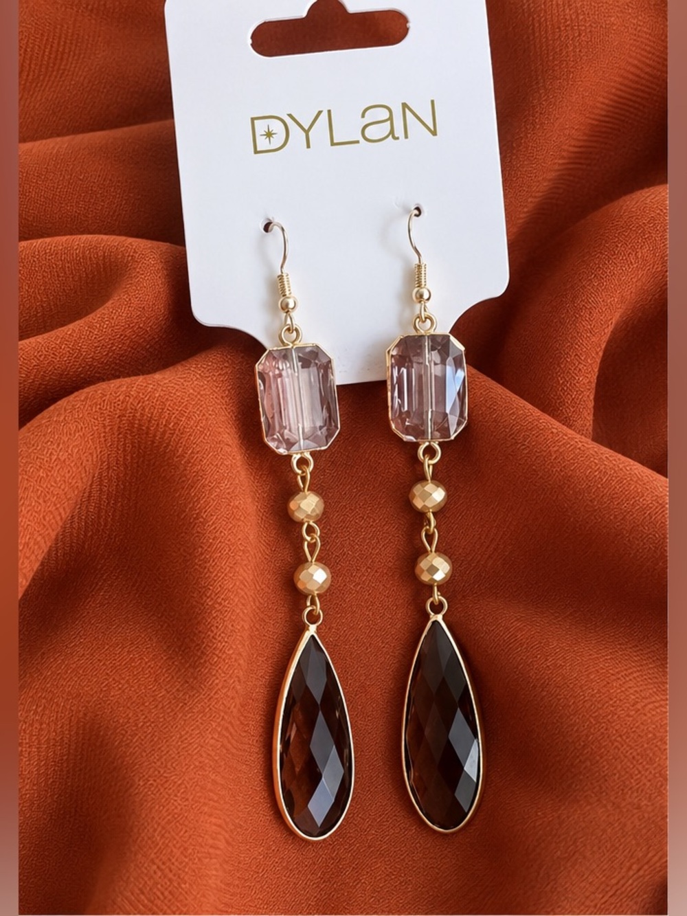 Dylan Gold-Tone Earrings with Light Amethyst and Smoky Brown Stones - Picture 3 of 7
